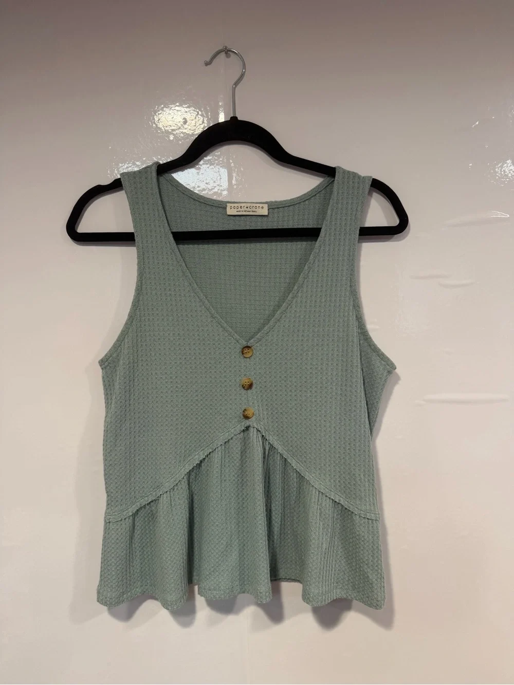 Maeve Papercrane Sleeveless V-Neck‎ Peplum Tank Top in Sage Green